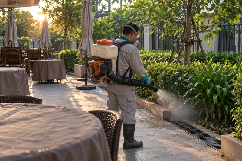 Kỹ thuật viên phun sương sân cà phê sáng sớm có bàn ghế phủ bạt