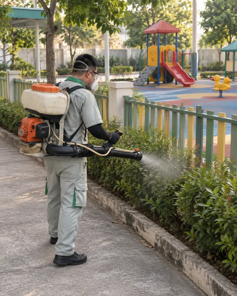 Kỹ thuật viên phun sương bồn cây cạnh hàng rào sân chơi lúc vắng trẻ