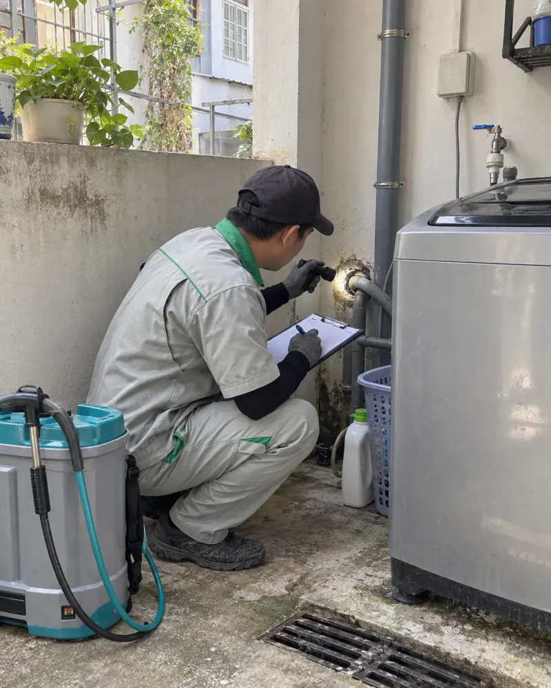 Kỹ thuật viên kiểm tra đường ống sau máy giặt ở sân giặt, tay cầm bảng ghi