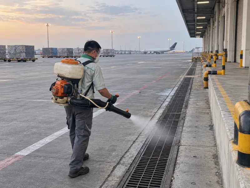 Kỹ thuật viên phun sương rãnh sân hàng hóa sân bay có máy bay phía xa