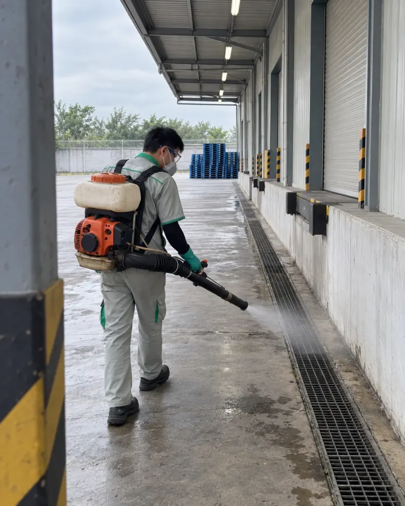 Kỹ thuật viên phun sương sân nguyên liệu nhà máy cạnh cửa cuốn