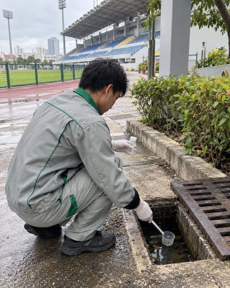 Kỹ thuật viên lấy mẫu lăng quăng ở hố thu nước sân ngoài