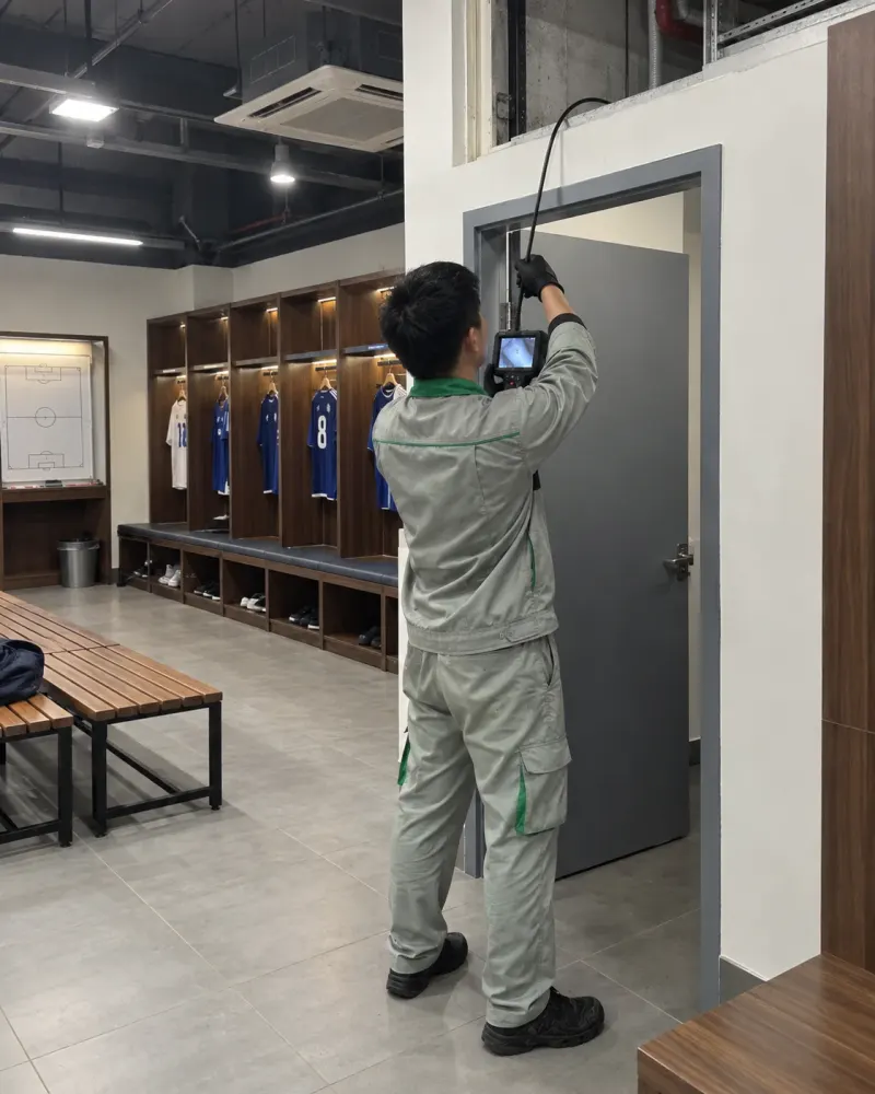 Kỹ thuật viên luồn camera nội soi vào khe hở trên khung cửa để soi khoang rỗng