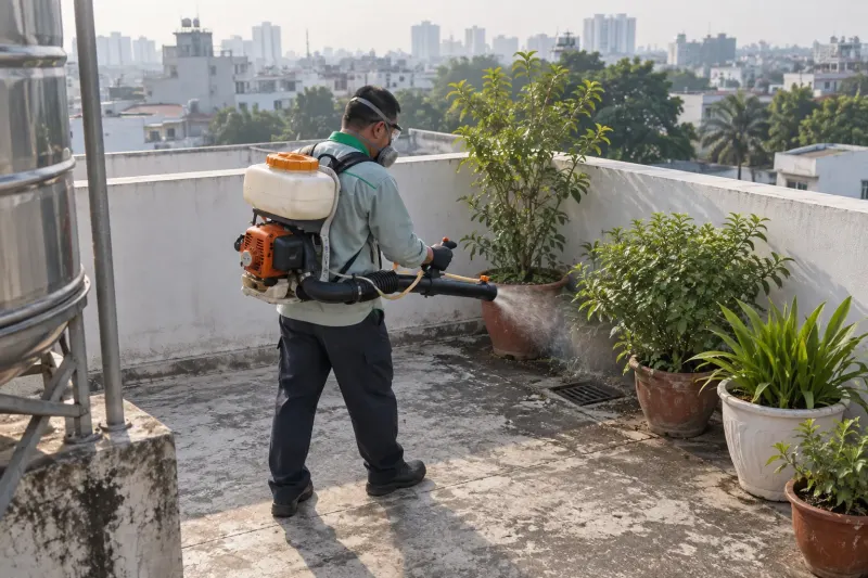 Kỹ thuật viên phun sương cống mái sân thượng nhà phố có chậu cây
