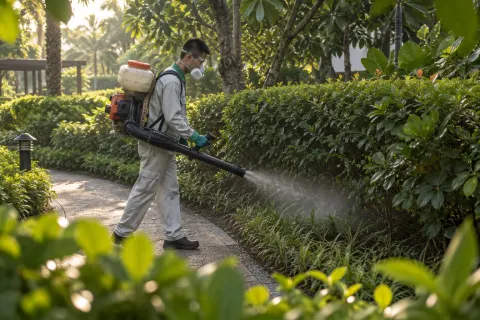 Kỹ thuật viên phun sương hàng rào cây sân vườn khách sạn