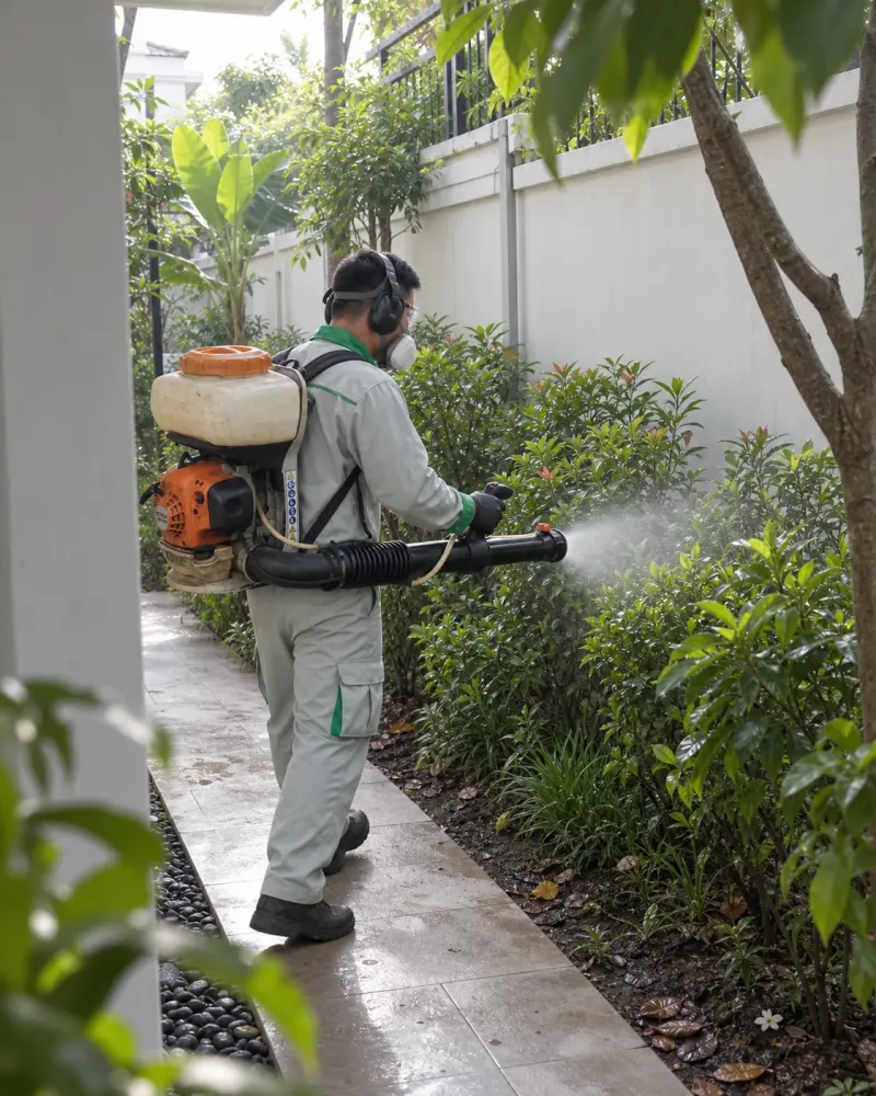 Kỹ thuật viên phun sương diệt muỗi dọc luống cây sân vườn nhà ở