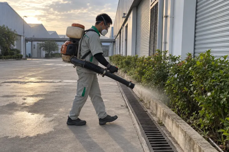 Kỹ thuật viên phun sương bồn cây sân xưởng dệt lúc hoàng hôn