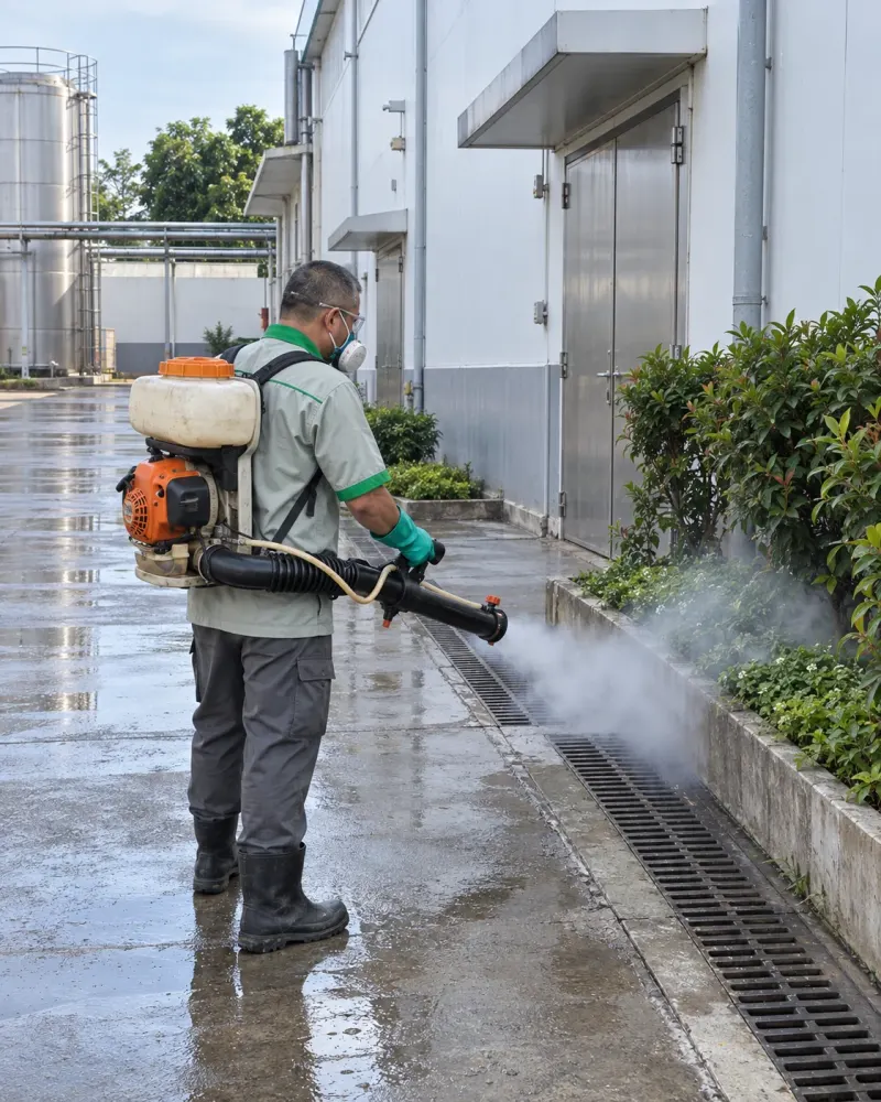 Kỹ thuật viên phun sương sân xưởng thủy sản có bồn cây