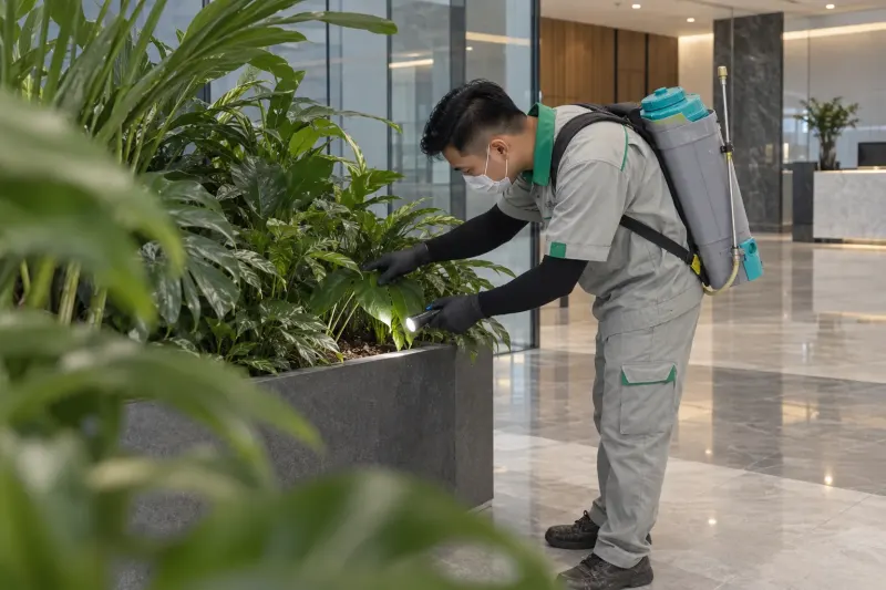 Kỹ thuật viên soi đèn kiểm tra chậu cây cảnh ở sảnh văn phòng
