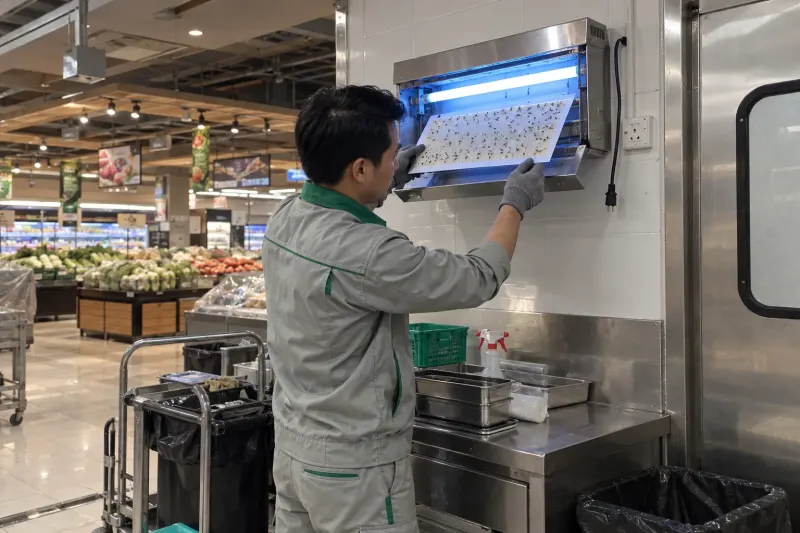 Kỹ thuật viên kiểm tra tấm keo đèn bắt ruồi ở khu thực phẩm siêu thị