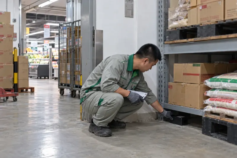 Kỹ thuật viên đặt bẫy giám sát ở góc kho hàng khô siêu thị