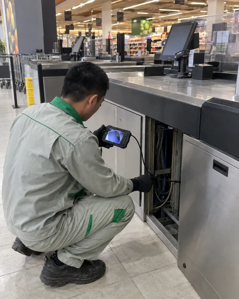 Kỹ thuật viên đưa camera nội soi vào khoang cáp quầy thu ngân siêu thị