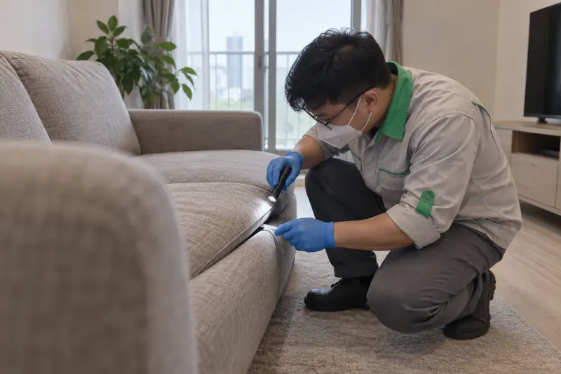Kỹ thuật viên soi đèn kiểm tra rệp trên sofa căn hộ