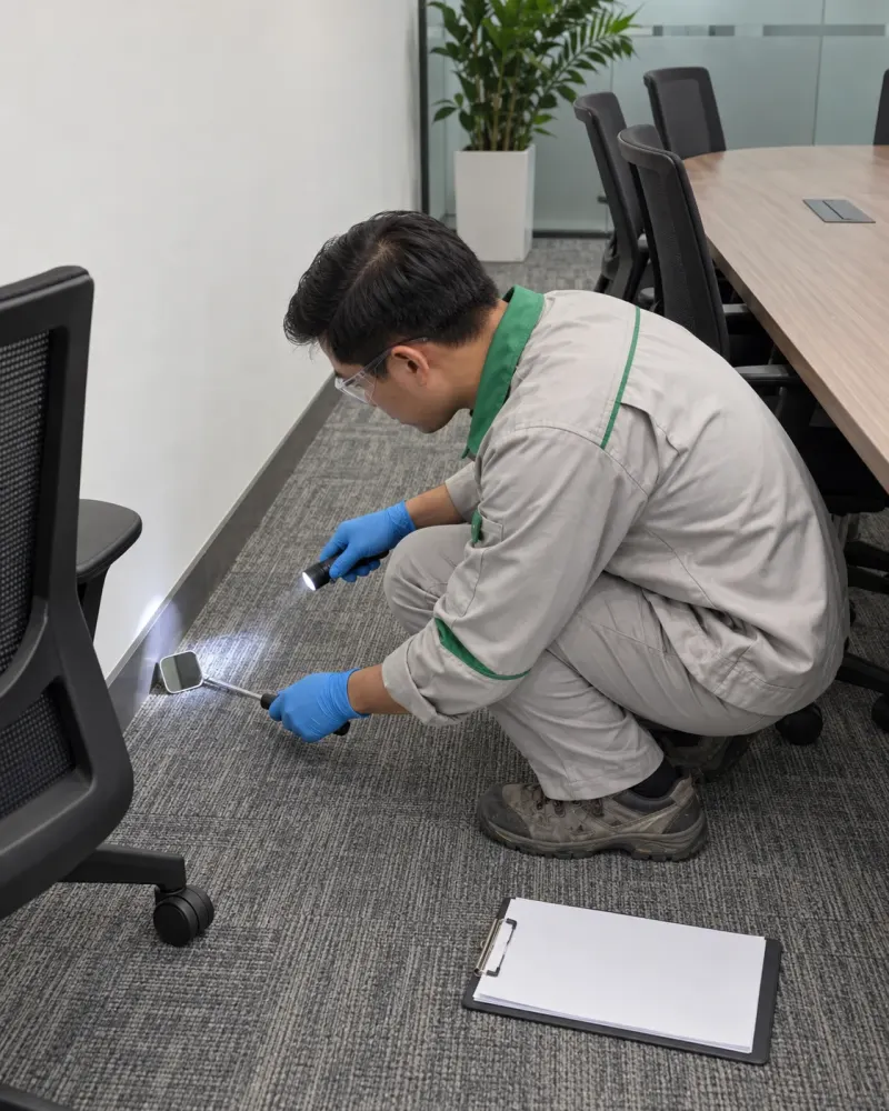 Kỹ thuật viên soi đèn kiểm tra côn trùng thảm phòng họp