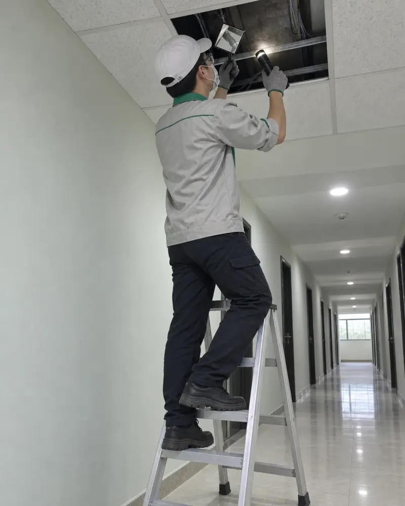Kỹ thuật viên đứng thang soi đèn và gương vào trần giả hành lang chung cư