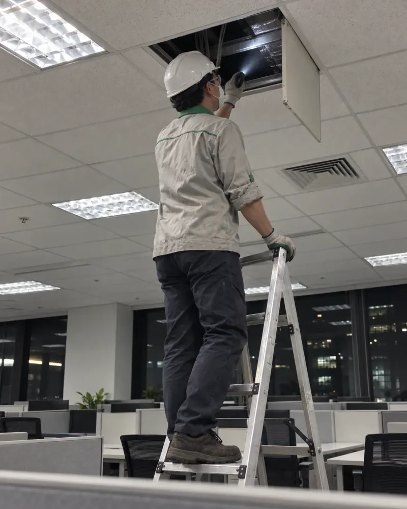 Kỹ thuật viên đội mũ bảo hộ đứng thang kiểm tra trần thạch cao văn phòng