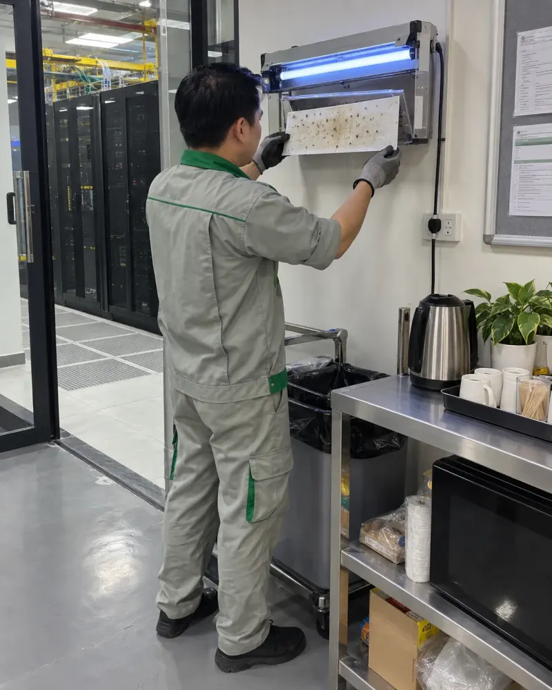 Kỹ thuật viên kiểm tra tấm keo đèn côn trùng ở pantry