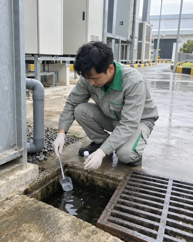 Kỹ thuật viên lấy mẫu lăng quăng ở hố thu nước sân kỹ thuật