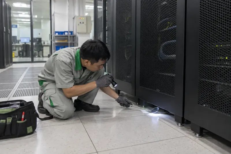 Kỹ thuật viên soi đèn pin khe chân tủ phụ trợ