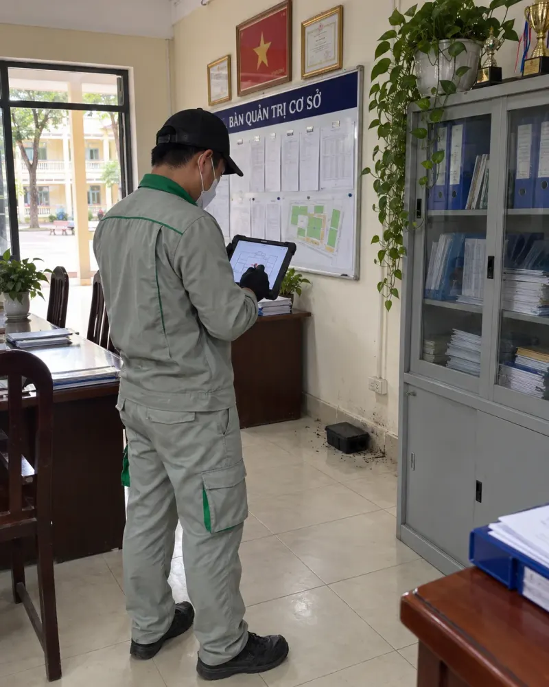 Kỹ thuật viên ghi nhận trên máy tính bảng tại bàn quản trị cơ sở trường học