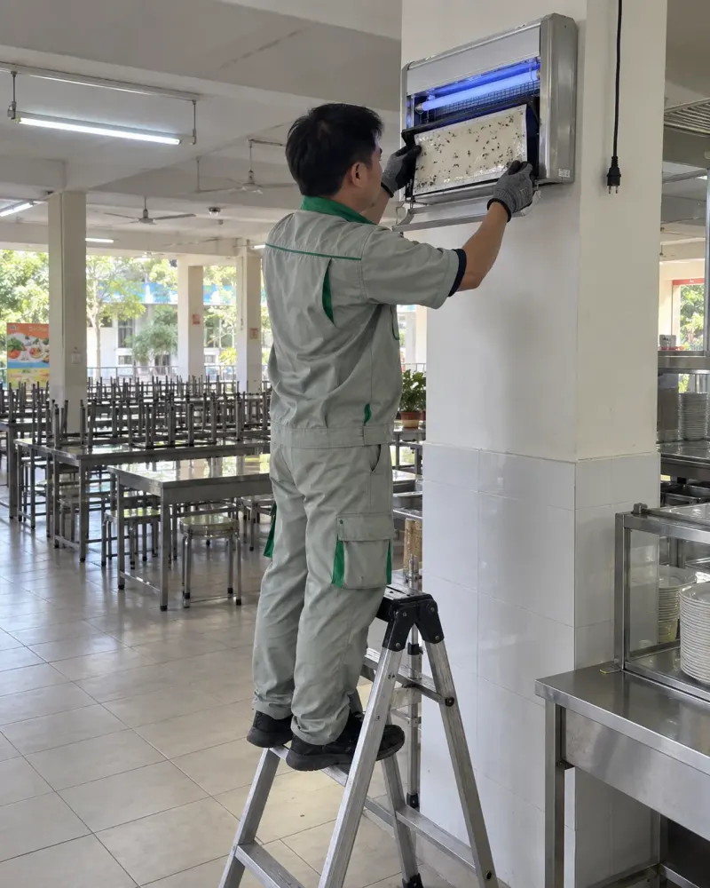 Kỹ thuật viên đứng thang kiểm tra tấm keo đèn bắt ruồi ở căn tin trường học