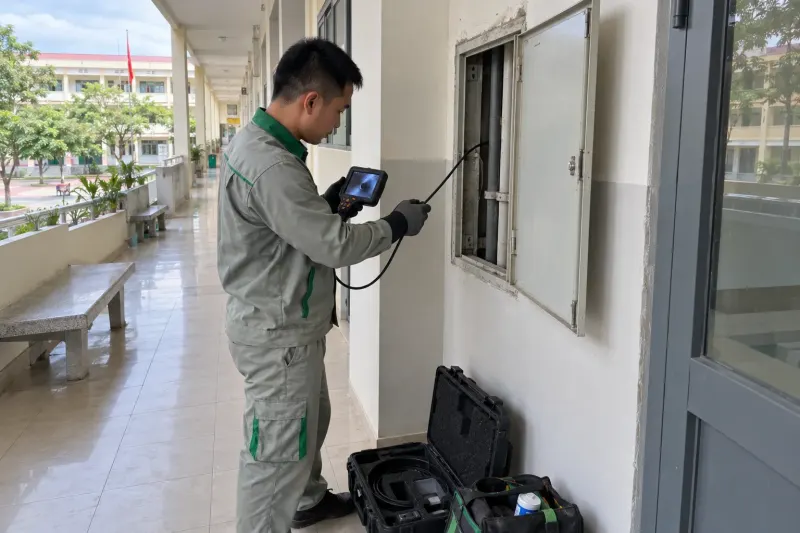 Kỹ thuật viên đưa camera nội soi vào hộp kỹ thuật hành lang trường học