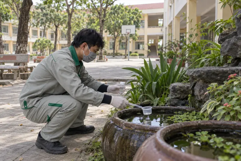 Kỹ thuật viên lấy mẫu lăng quăng ở chậu nước khu vườn trường học