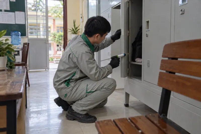 Kỹ thuật viên đặt gel vào khe tủ locker phòng nghỉ trường học