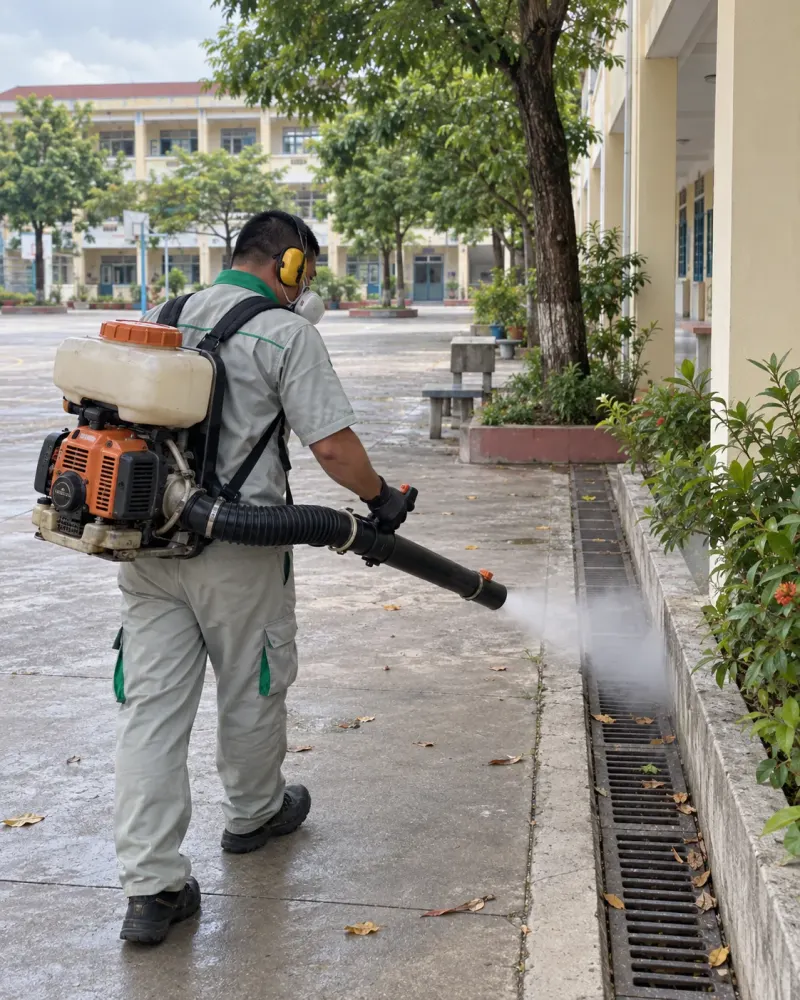 Kỹ thuật viên phun sương ngoại vi rãnh quanh sân trường