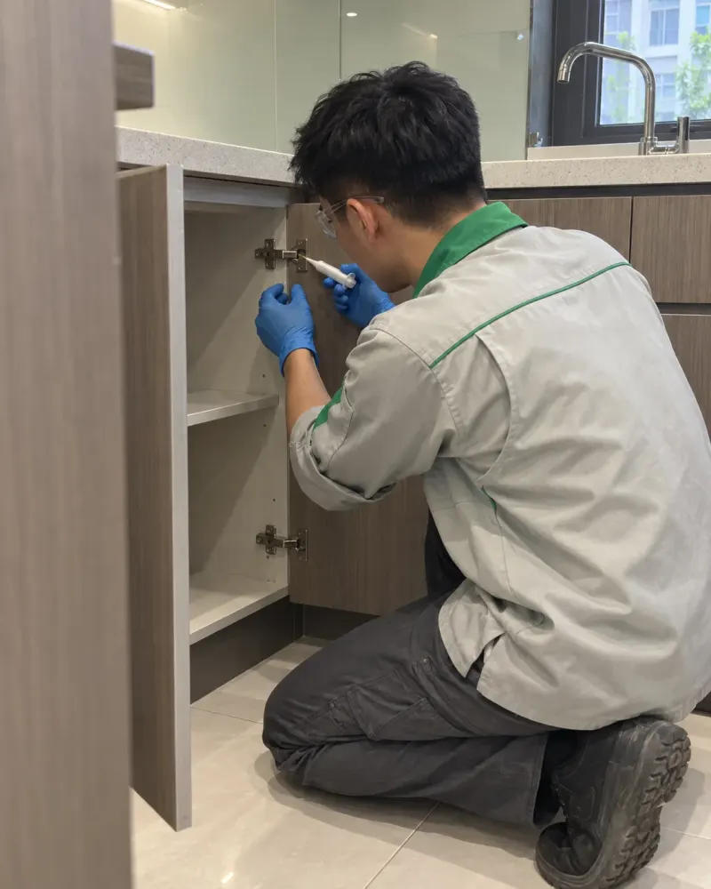Kỹ thuật viên đặt gel diệt gián trong tủ bếp nhà phố