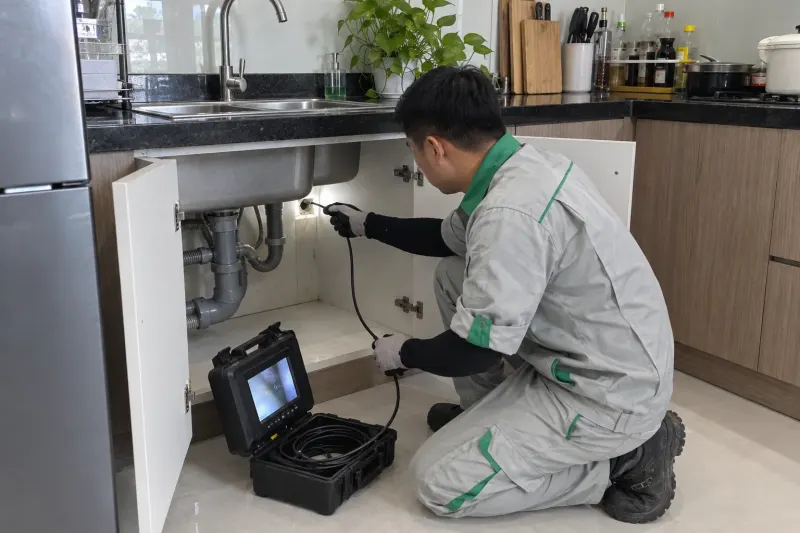 Kỹ thuật viên đưa camera nội soi vào đường ống dưới tủ bếp