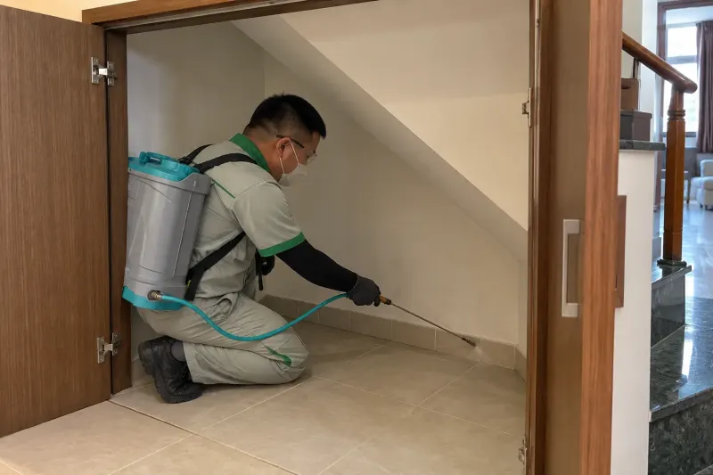 Kỹ thuật viên phun khe tủ gầm cầu thang nhà ở
