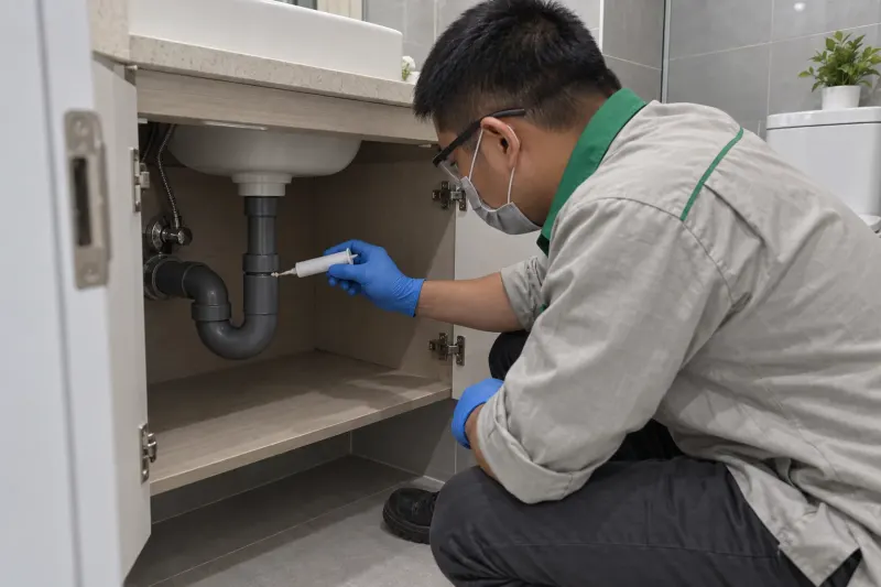 Kỹ thuật viên chấm gel diệt gián vào khe bản lề tủ lavabo