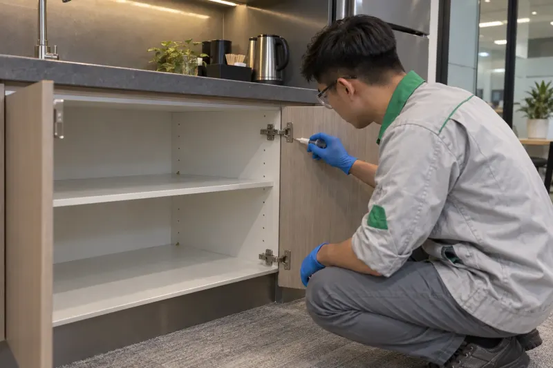 Kỹ thuật viên đặt gel diệt gián trong tủ pantry văn phòng