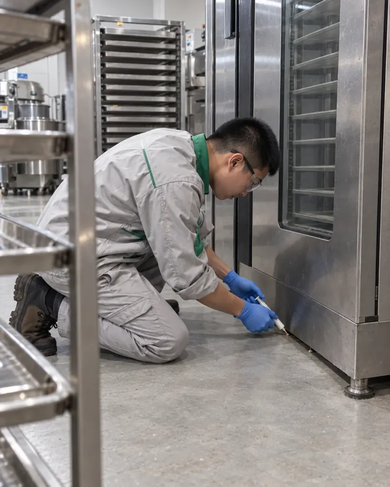 Kỹ thuật viên đặt gel dưới tủ ủ bột tiệm bánh