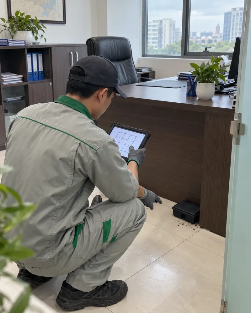 Kỹ thuật viên ghi nhận trên máy tính bảng tại bàn quản lý cơ sở văn phòng