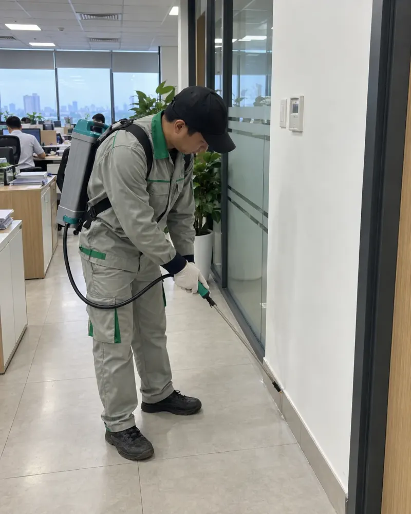 Kỹ thuật viên phun khe áp lực thấp dọc chân tường phòng in văn phòng