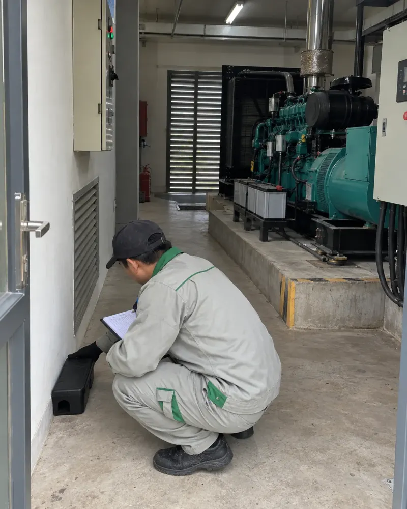 Kỹ thuật viên đặt trạm chuột trước cửa phòng máy phát điện văn phòng
