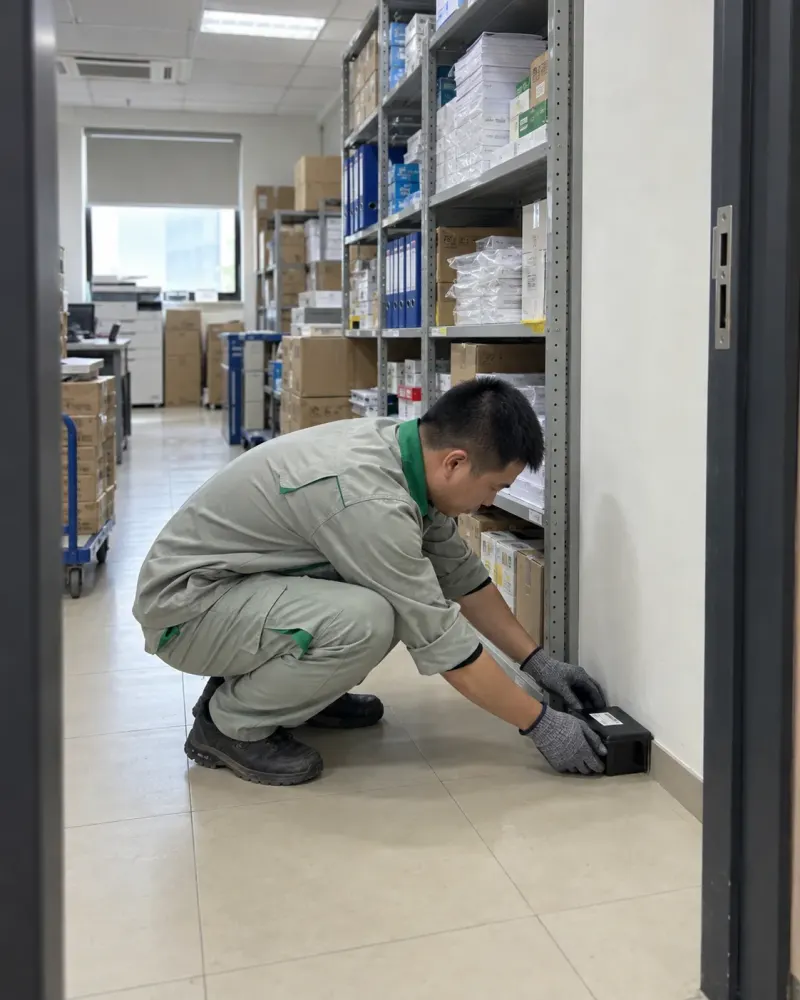 Kỹ thuật viên đặt bẫy giám sát ở góc kho văn phòng phẩm
