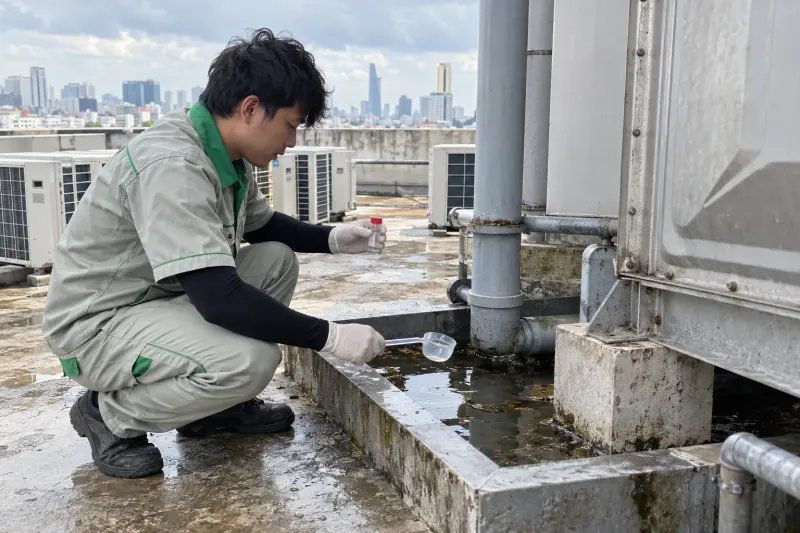 Kỹ thuật viên múc nước đọng dưới chân bồn nước trên sân thượng, tay cầm lọ đựng mẫu lăng quăng