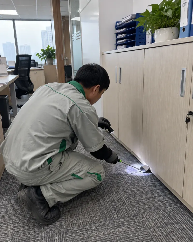 Kỹ thuật viên soi đèn pin khe chân tủ hồ sơ văn phòng