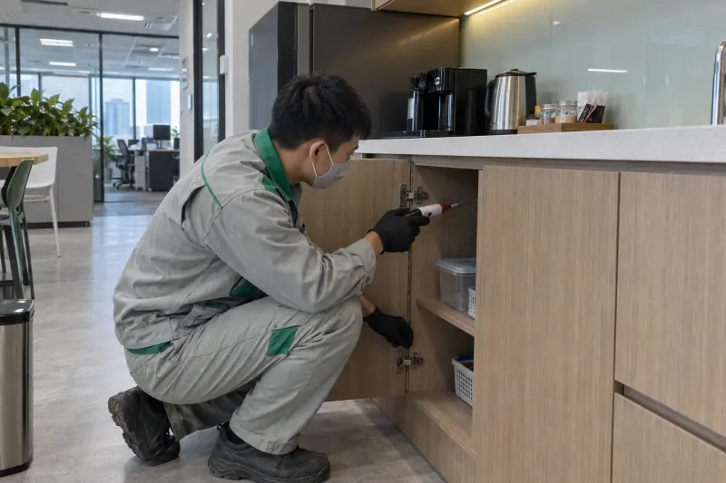 Kỹ thuật viên bơm gel diệt gián vào khe tủ pantry văn phòng
