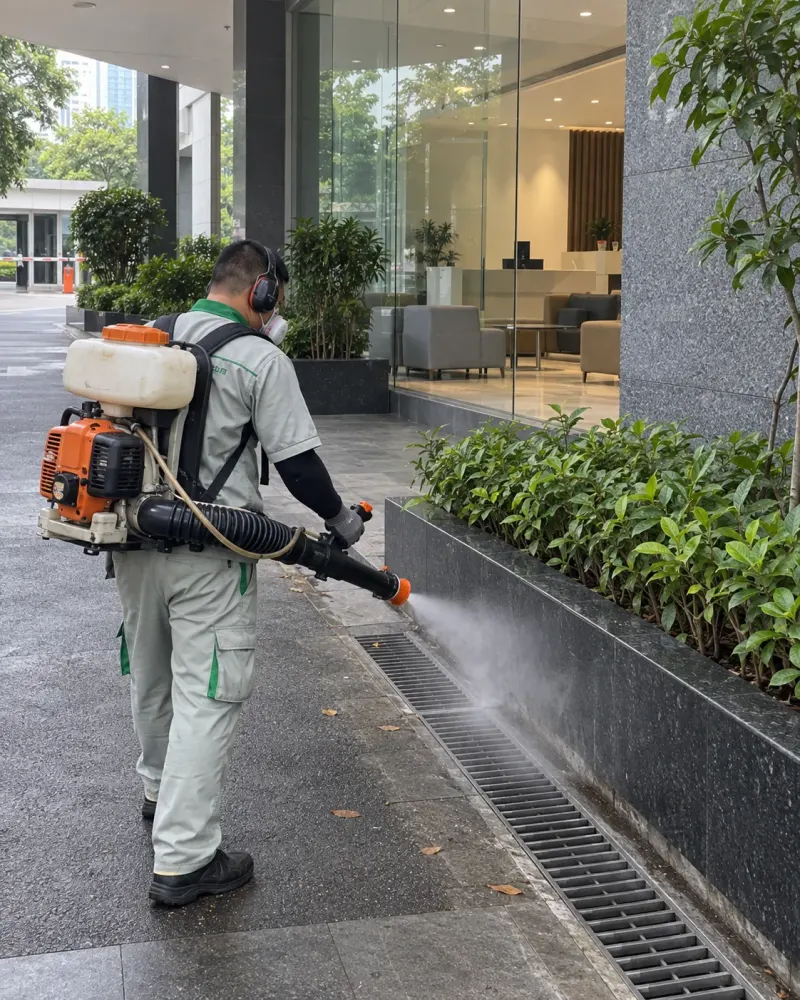 Kỹ thuật viên phun sương ngoại vi rãnh ngoài khu tiếp khách trụ sở