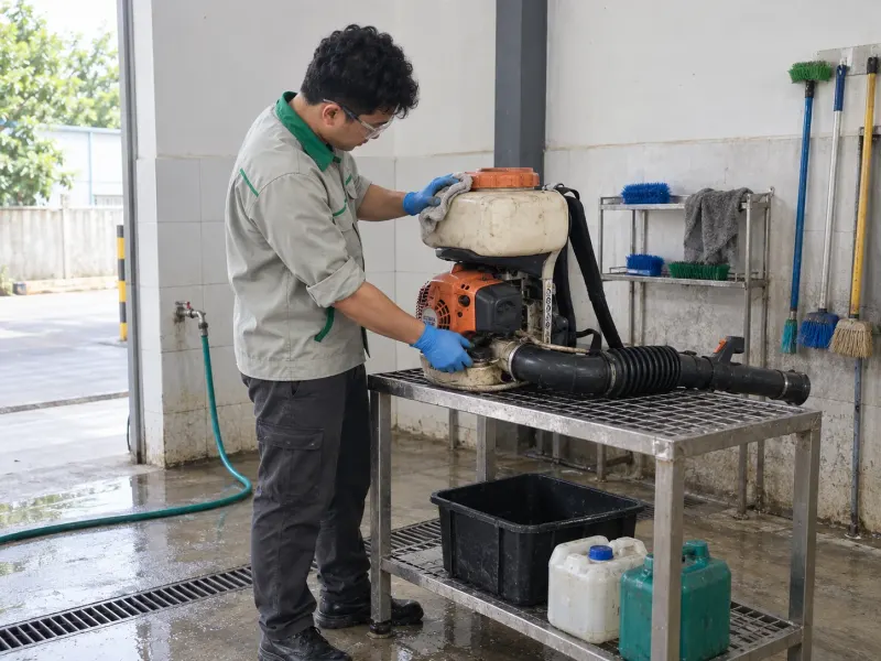 Kỹ thuật viên vệ sinh máy phun sương sau ca làm việc
