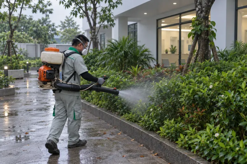 Kỹ thuật viên phun sương vườn cây quanh phòng khám