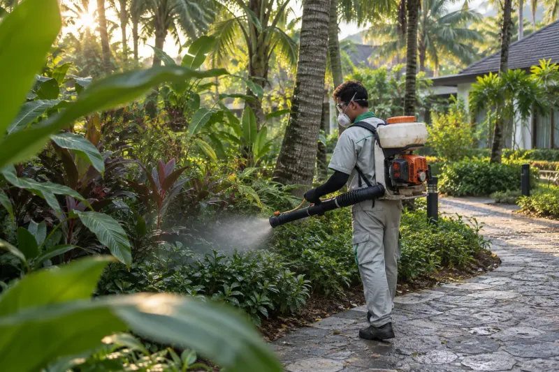 Kỹ thuật viên phun sương vườn cây nhiệt đới trong resort