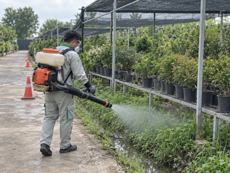 Kỹ thuật viên phun sương vườn ươm cây chậu