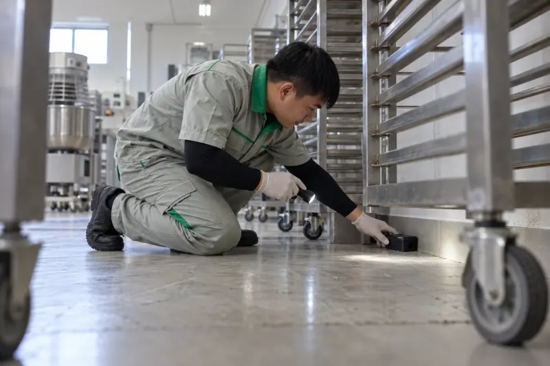 Kỹ thuật viên đặt trạm giám sát dưới xe đẩy khay xưởng bánh