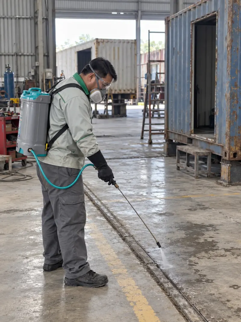 Kỹ thuật viên phun khe sàn xưởng sửa container