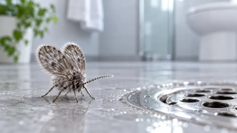Ruồi cánh bướm đậu trên nền nhà tắm sát miệng thoát sàn